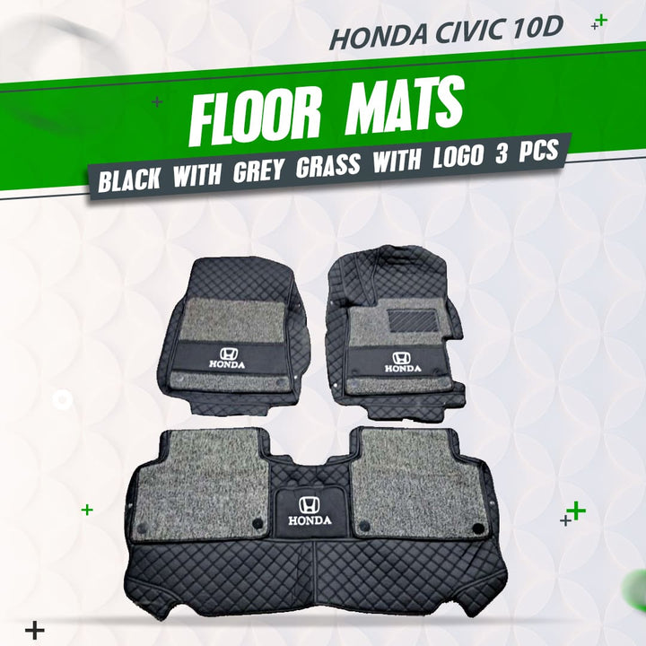 Honda Civic 10D Floor Mats Mix Thread Black With Grey Grass With Logo 3 Pcs - Model 2012-2016