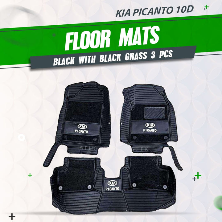 KIA Picanto 10D Floor Mats Black With Black Grass 3 Pcs - Model 2019-2024