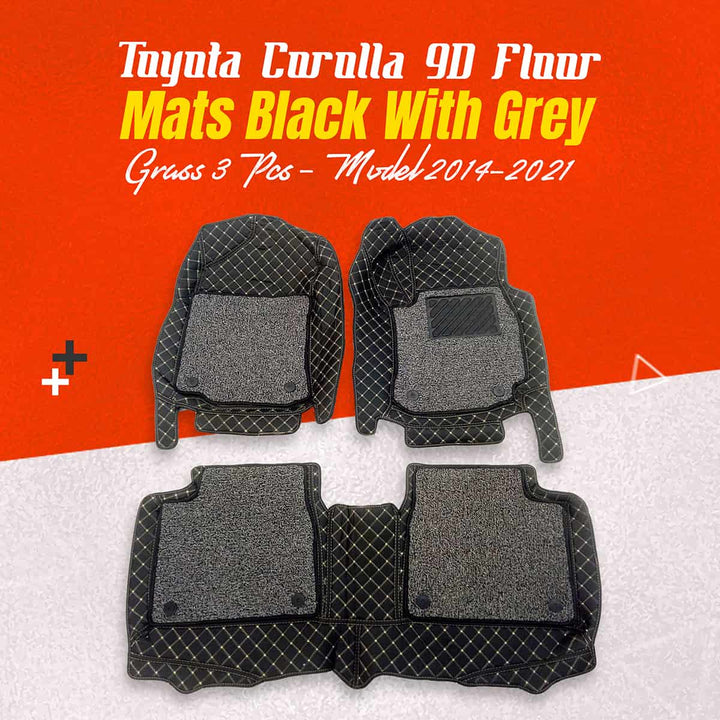 Toyota Corolla 9D Floor Mats Mix Thread Black With Grey Grass 3 Pcs - Model 2014-2021