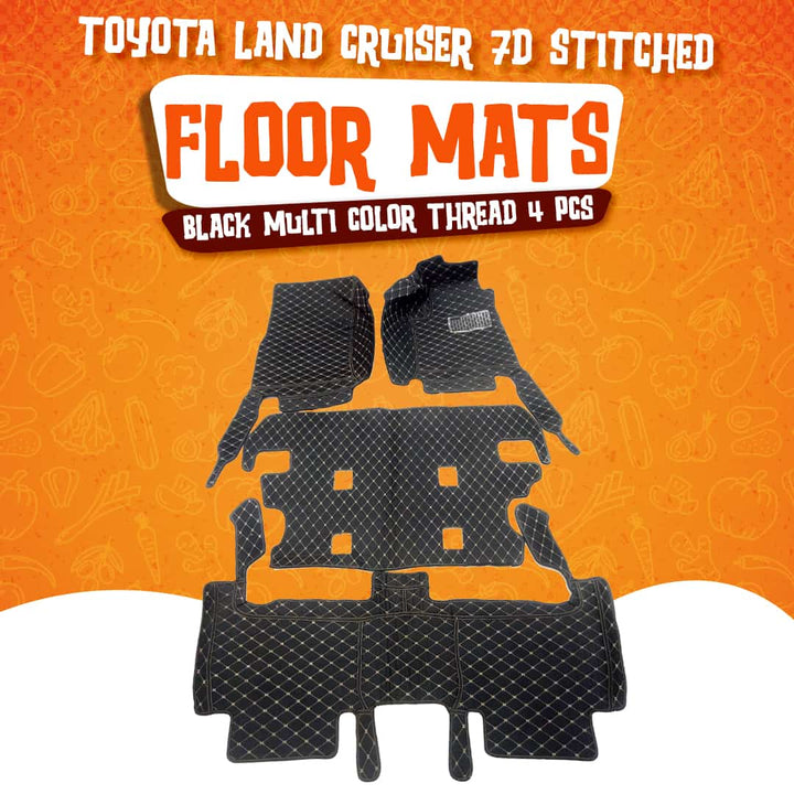 Toyota Land Cruiser 7D Stitched Floor Mat Black Multi Color Thread 4 Pcs - Model 2015-2021