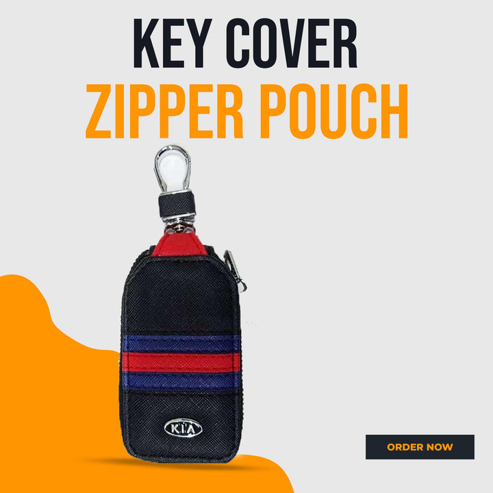 KIA Zipper Jeans Key Cover Pouch Black With Red Blue Strip Keychain Ring