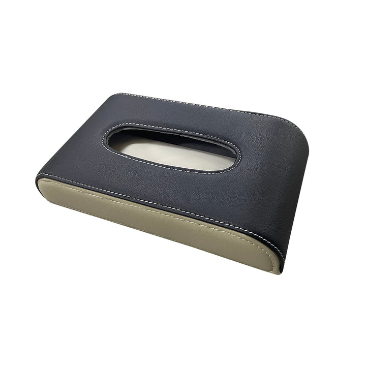 Car Tissue Holder Case Box Black and Beige with White Stitch