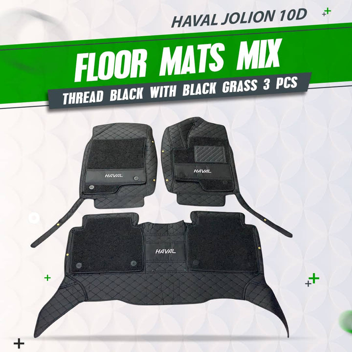 Haval Jolion 10D Floor Mats Mix Thread Black With Black Grass 3 Pcs - Model 2021-2024