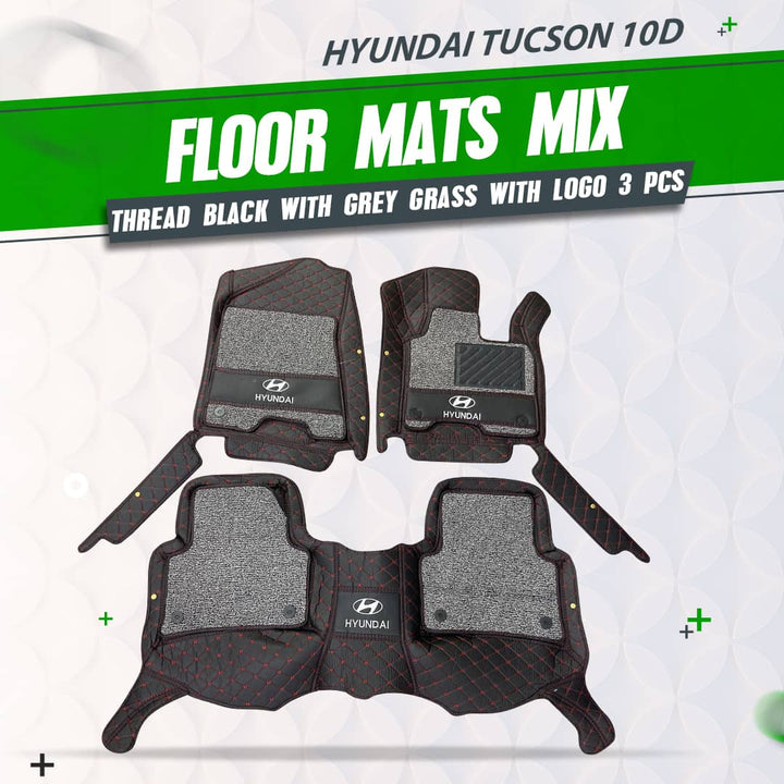 Hyundai Tucson 10D Floor Mats Mix Thread Black With Grey Grass With Logo 3 Pcs - Model 2020-2024