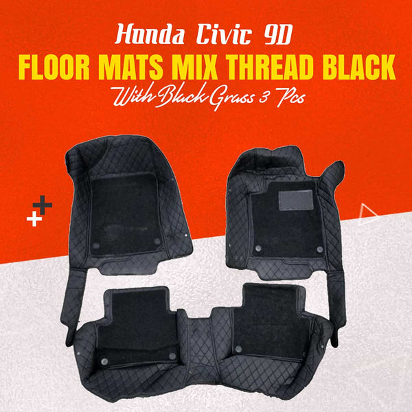 Honda Civic 9D Floor Mats Mix Thread Black With Black Grass 3 Pcs - Model 2016-2024