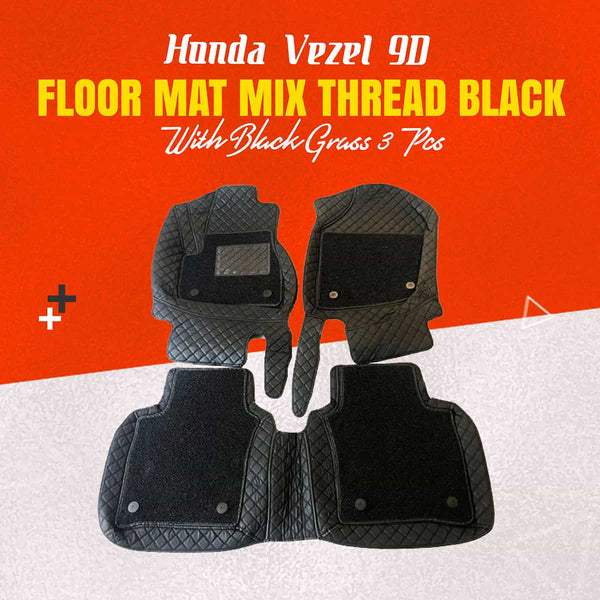 Honda Vezel 9D  Floor Mats Mix Thread Black With Black Grass 3 Pcs - Model 2013-2018