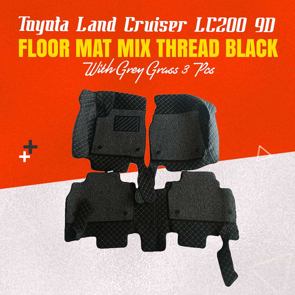 Toyota Land Cruiser LC200 9D Floor Mats Mix Thread Black With Grey Grass 3 Pcs - Model 2016-2020