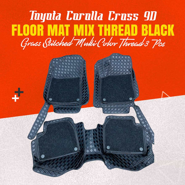 Toyota Corolla Cross 9D Floor Mat Mix Thread Black Grass Stitched Multi Color Thread 3 Pcs - Model 2020-2024