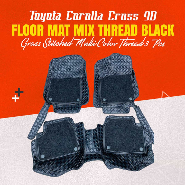 Toyota Corolla Cross 9D Floor Mat Mix Thread Black Grass Stitched Multi Color Thread 3 Pcs - Model 2020-2024