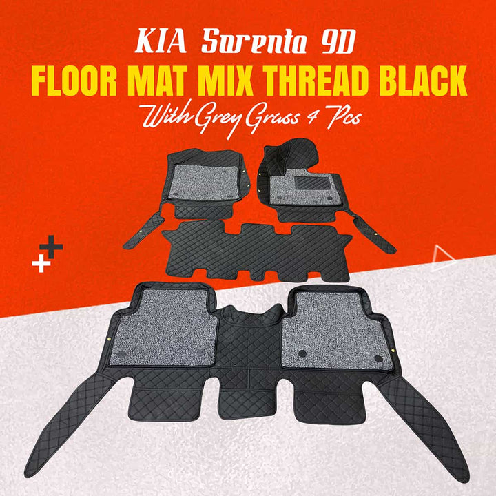 KIA Sorento 9D Floor Mats Mix Thread Black With Grey Grass 4 Pcs - Model 2021-2024