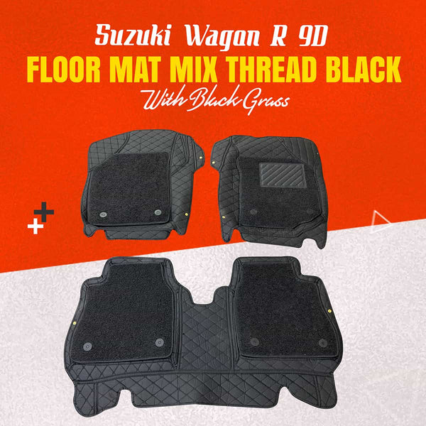 Suzuki Wagon R 9D Floor Mats Mix Thread Black With Black Grass - Model 2014-2022