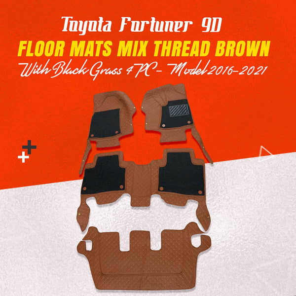 Toyota Fortuner 9D Floor Mats Mix Thread Brown With Black Grass 4PC - Model 2016-2021