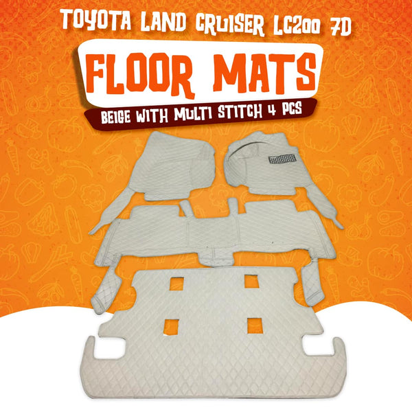 Toyota Land Cruiser LC200 7D Floor Mats Beige With Multi Stitch 4 Pcs - Model 2015-2021