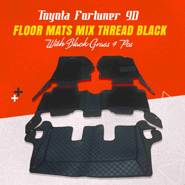 Toyota Fortuner 9D Floor Mats Mix Thread Black With Black Grass 4 Pcs - Model 2016-2021