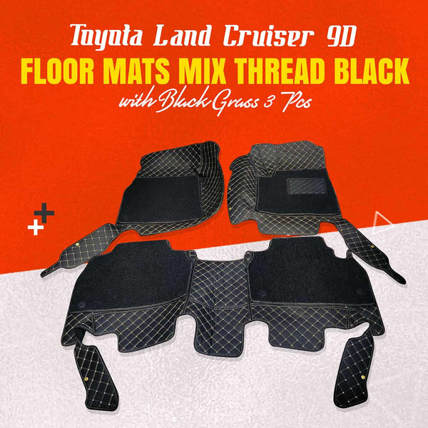 Toyota Land Cruiser 9D Floor Mats Mix Thread Black with Black Grass 3 Pcs - Model 2015-2021