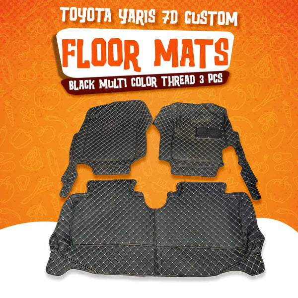 Toyota Yaris 7D Custom Floor Mat Black Multi Color Thread 3 Pcs - Model 2020-2021