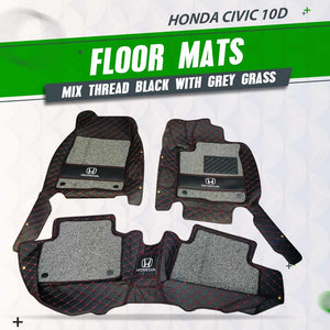 Honda Civic 10D Floor Mats -Mix Thread Black With Grey Grass 3 Pcs 2016 - 2021 - - With Logo