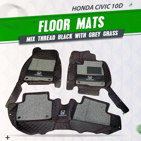 Honda Civic 10D Floor Mats Mix Thread Black With Grey Grass With Logo 3 Pcs - Model 2016-2023