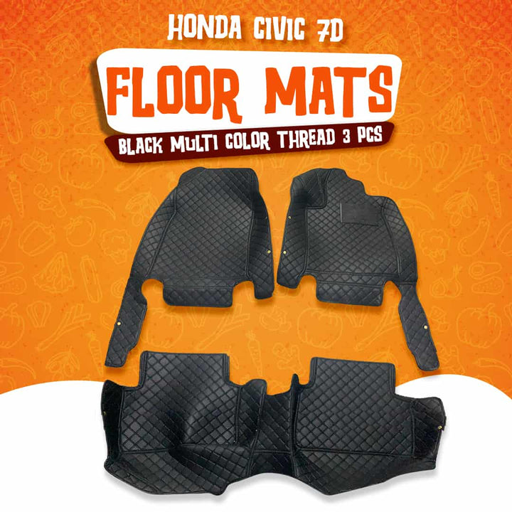 Honda Civic 7D Floor Mats Black Multi Color Thread 3 Pcs - Model 2016-2024