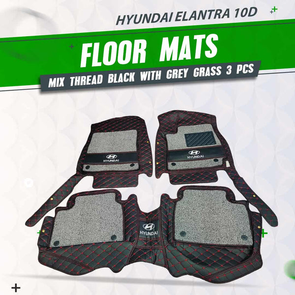 Hyundai Elantra 10D Floor Mats Mix Thread Black With Grey Grass 3 Pcs - Model 2021-2024