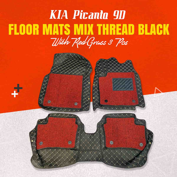 KIA Picanto 9D Floor Mats Mix Thread Black With Red Grass 3 Pcs - Model 2019-2024