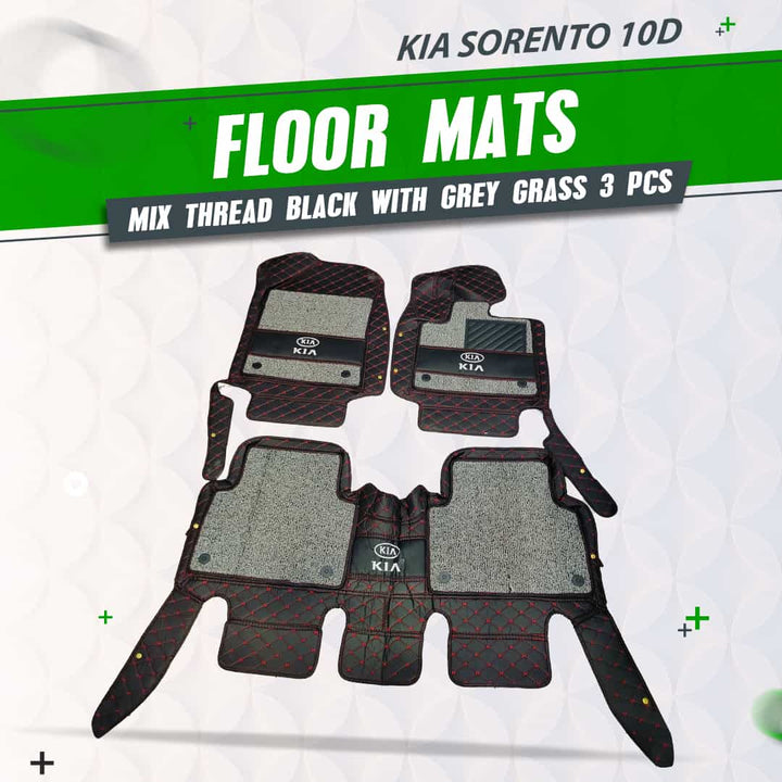 KIA Sorento 10D Floor Mats Mix Thread Black With Grey Grass 3 Pcs - Model 2021-2024