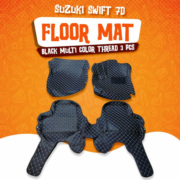 Suzuki Swift 7D Floor Mat Black Multi Color Thread 3 Pcs - Model 2010-2018