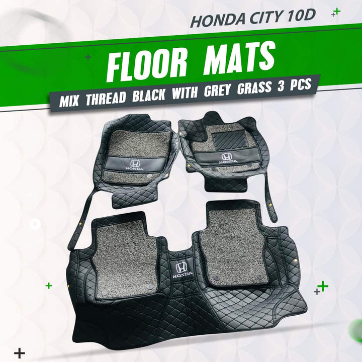 Honda City 10D Floor Mats - Mix Thread Black With Grey Grass - 3 Pcs Set - Model 2022-2025