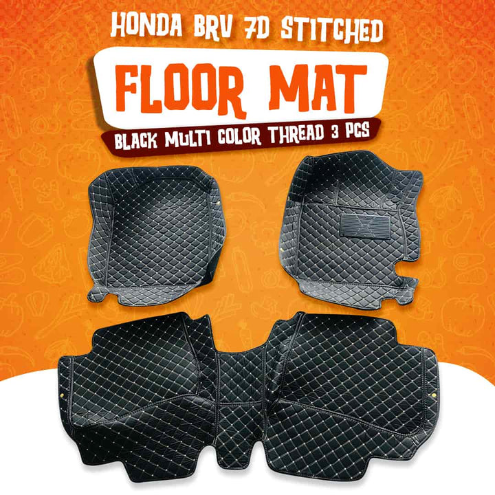 Honda BRV 7D Stitched Floor Mat Black Multi Color Thread 3 Pcs- Model 2017-2021