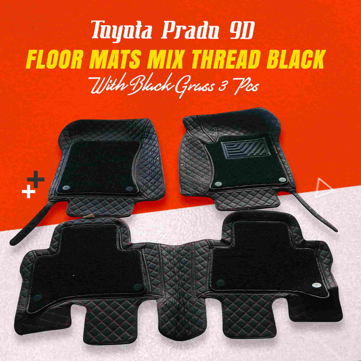 Toyota Prado 9D Floor Mats Mix Thread Black With Black Grass 3 Pcs - Model 2009-2021