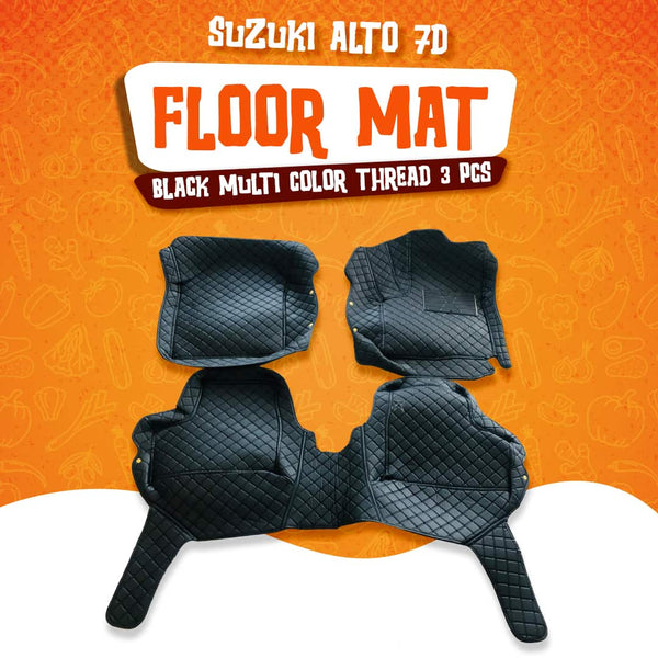 Suzuki Alto 7D Floor Mat Black Multi Color Thread 3 Pcs - Model 2019-2021