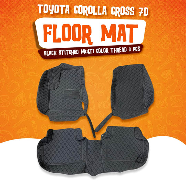 Toyota Corolla Cross 7D Floor Mat Black Stitched Multi Color Thread 3 Pcs - Model 2020-2024