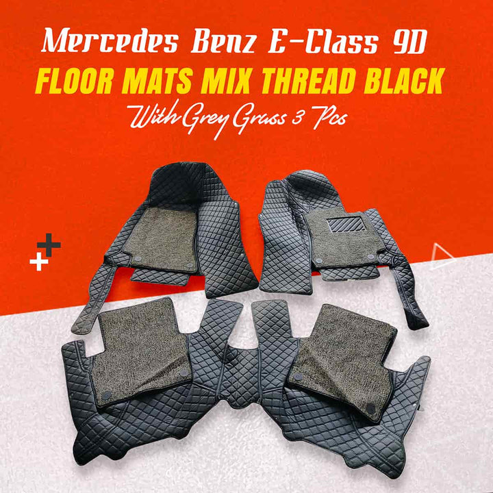 Mercedes Benz E-Class 9D Floor Mats Mix Thread Black With Grey Grass 3 Pcs - Model 2016-2018