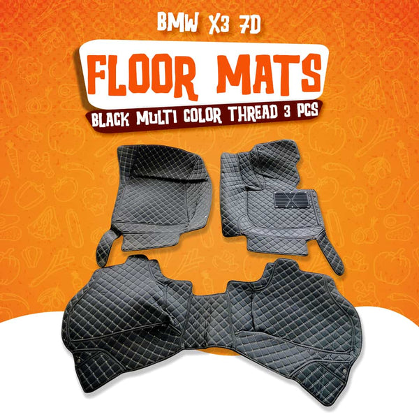 BMW X3 7D Floor Mats Black Multi Color Thread 3 Pcs - Model 2012-2018