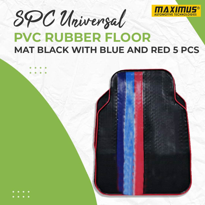 SPC Universal PVC Rubber Floor Mat Black With Blue And Red Mix Design 5 Pcs