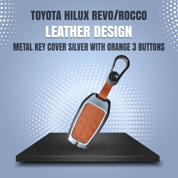 Toyota Hilux Revo/Rocco Leather Design Metal Key Cover Silver with Orange 3 Buttons