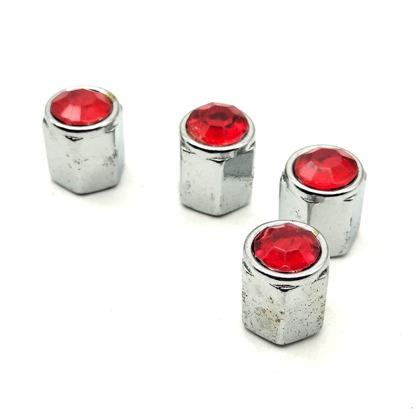 Tire Tyre Air Valve Nozzle Caps Chrome With Red 4 Pcs