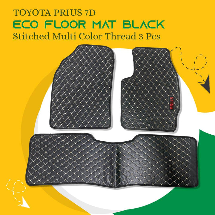 Toyota Prius 7D Eco Floor Mat Black Stitched Multi Color Thread 3 Pcs - Model 2016-2021