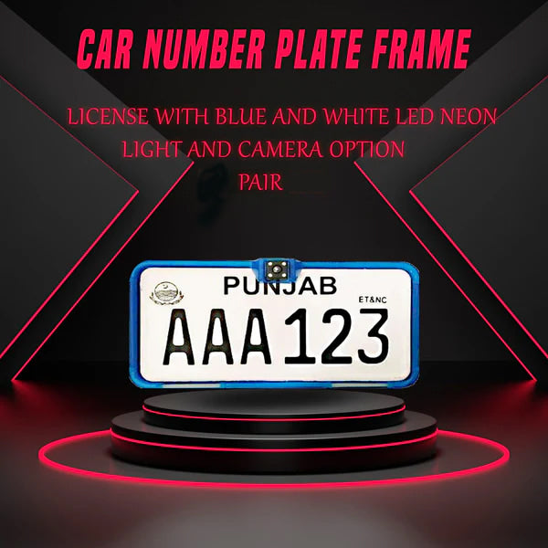 Car Number Plate License Frame With Blue And White LED Neon Light and Camera Option Pair