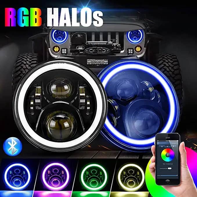 RGB Jeep LED Headlights / Head Lamps Round Shape 7 Inches - Pair