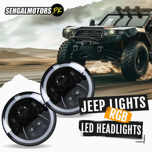 RGB Jeep LED Headlights / Head Lamps Round Shape 7 Inches - Pair - with Bluetooth - Mobile App Operated Disco Light