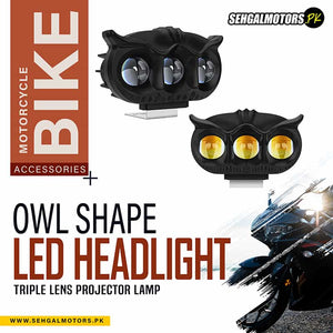 Owl Shape Motorcycle LED Headlight – Triple Lens Projector Lamp - Ullu Shape White & Red Devil Eye
