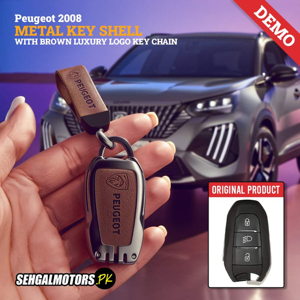 Peugeot 2008 Metal Key Shell Case Cover Brown With Logo