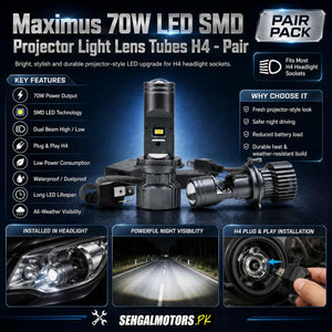 Maximus 70w LED SMD Projector Light Lens Tubes H4 - Pair