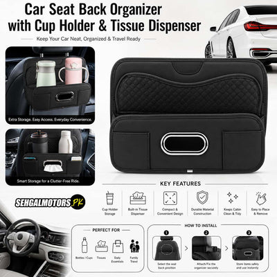 Car Seat Back Organizer with Cup Holder & Tissue Dispenser