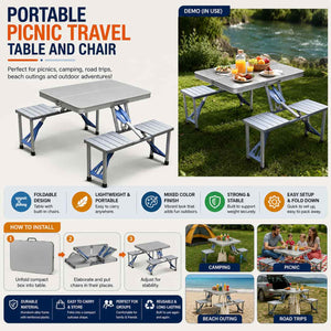 Portable Picnic Travel Table and Chair - Aluminum Foldable Frame | Integrated Bench Design