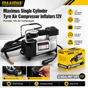 Maximus Single Cylinder Tyre Air Compressor Inflators 12v
