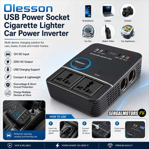 Olesson USB Power Socket Cigarette Lighter Car Power Inverter DC - AC - With Type-C to 220V 200W 3.0 Car Charger