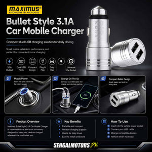 Maximus Bullet Style 3.1A Car Mobile Charger Random Color - 2 USB Ports Car Charger Universal Intelligent Charging Dual USB