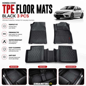 Honda Civic TPE Floor Mats Black 3 Pcs 2016 - 2021